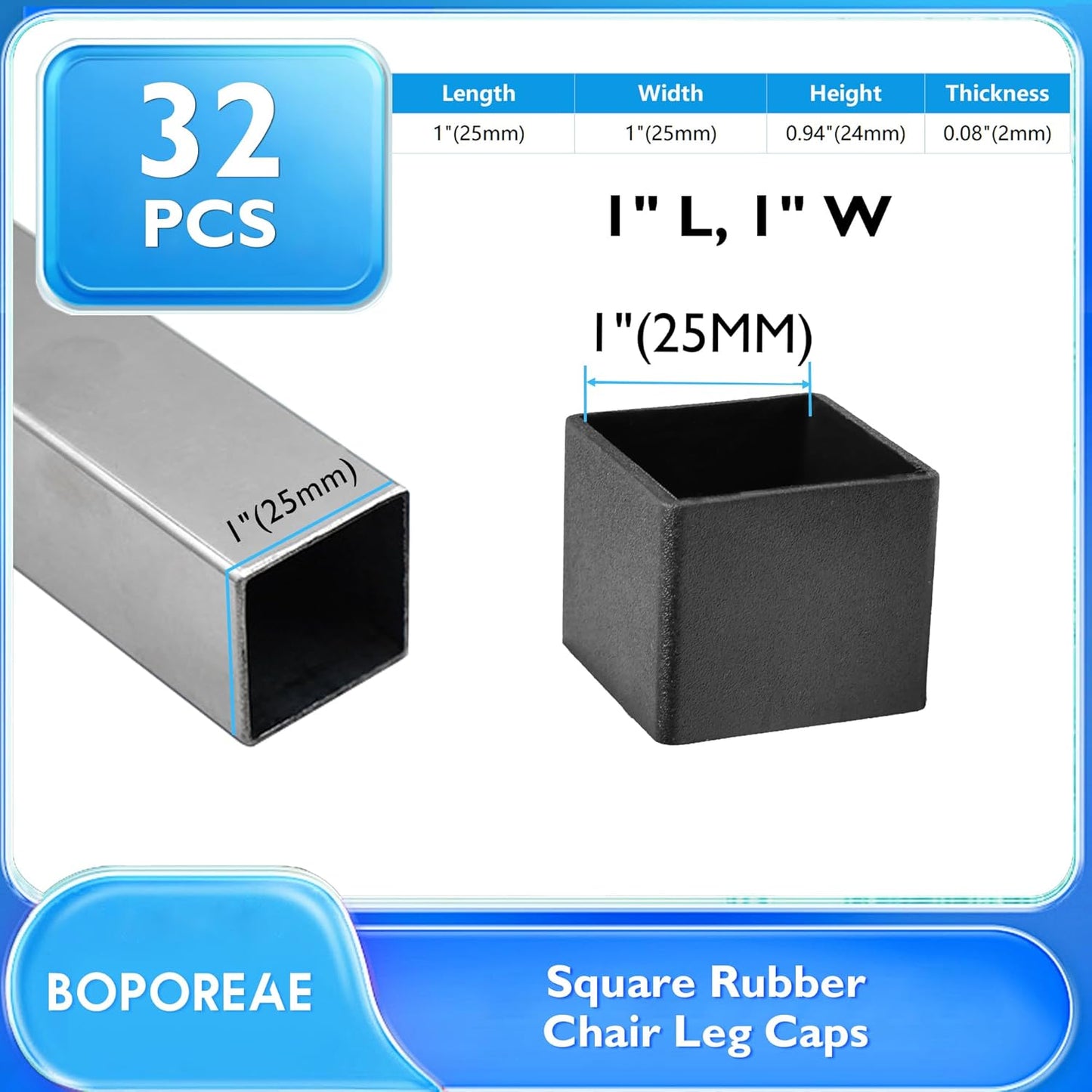 32 Pcs 1" x 1" Square Rubber Chair Leg Caps, PVC Table Leg Covers, Flexible & Anti-Slip Furniture Leg End Caps, Chair Leg Floor Protectors for Bar Stool Leg Patio Indoor, Black