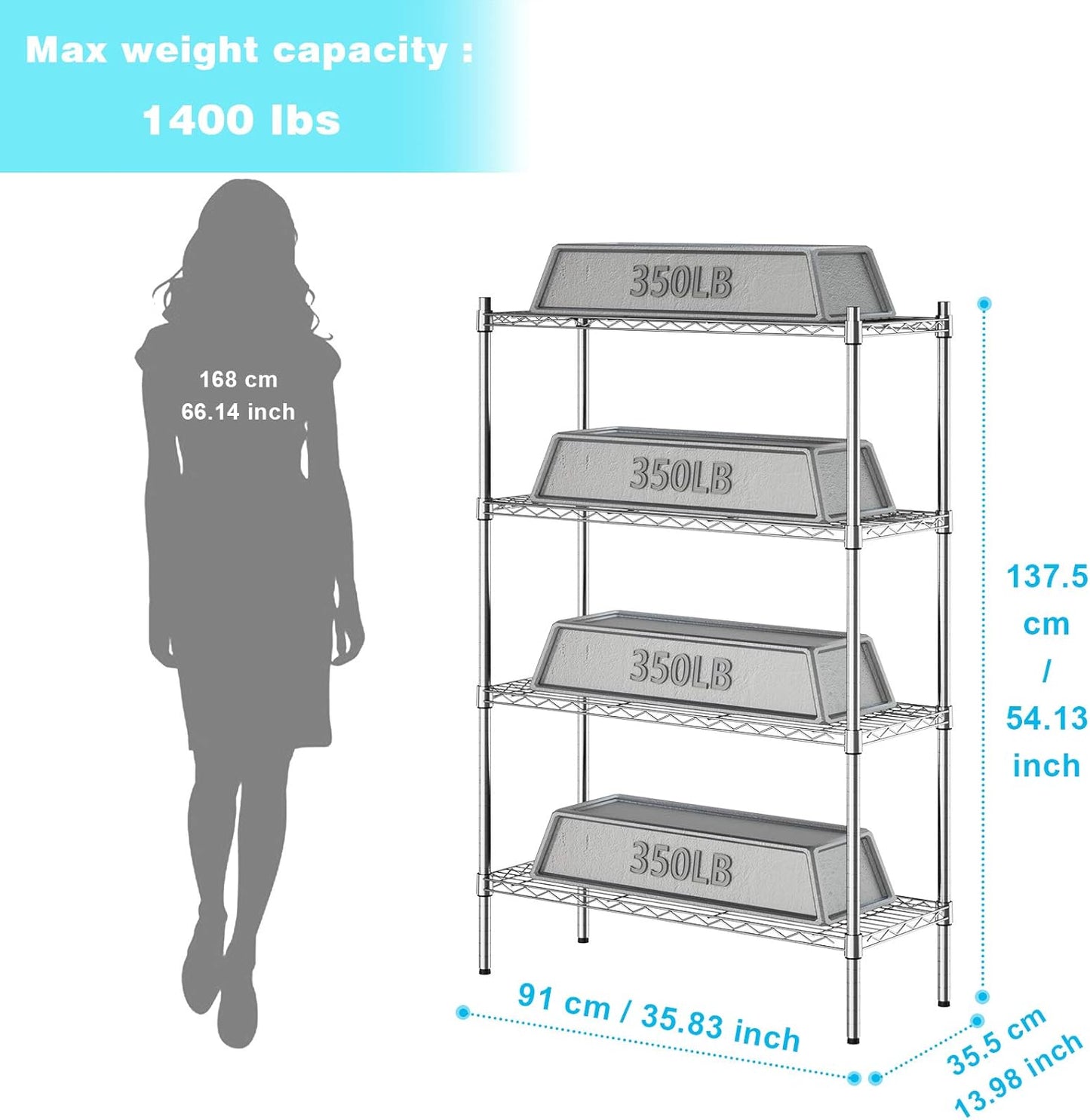 Auslar 4-Shelf Storage Wire Shelves Heavy Duty 4 Tiers Standing Shelving Units Adjustable Metal Organizer Wire Rack, Chrome