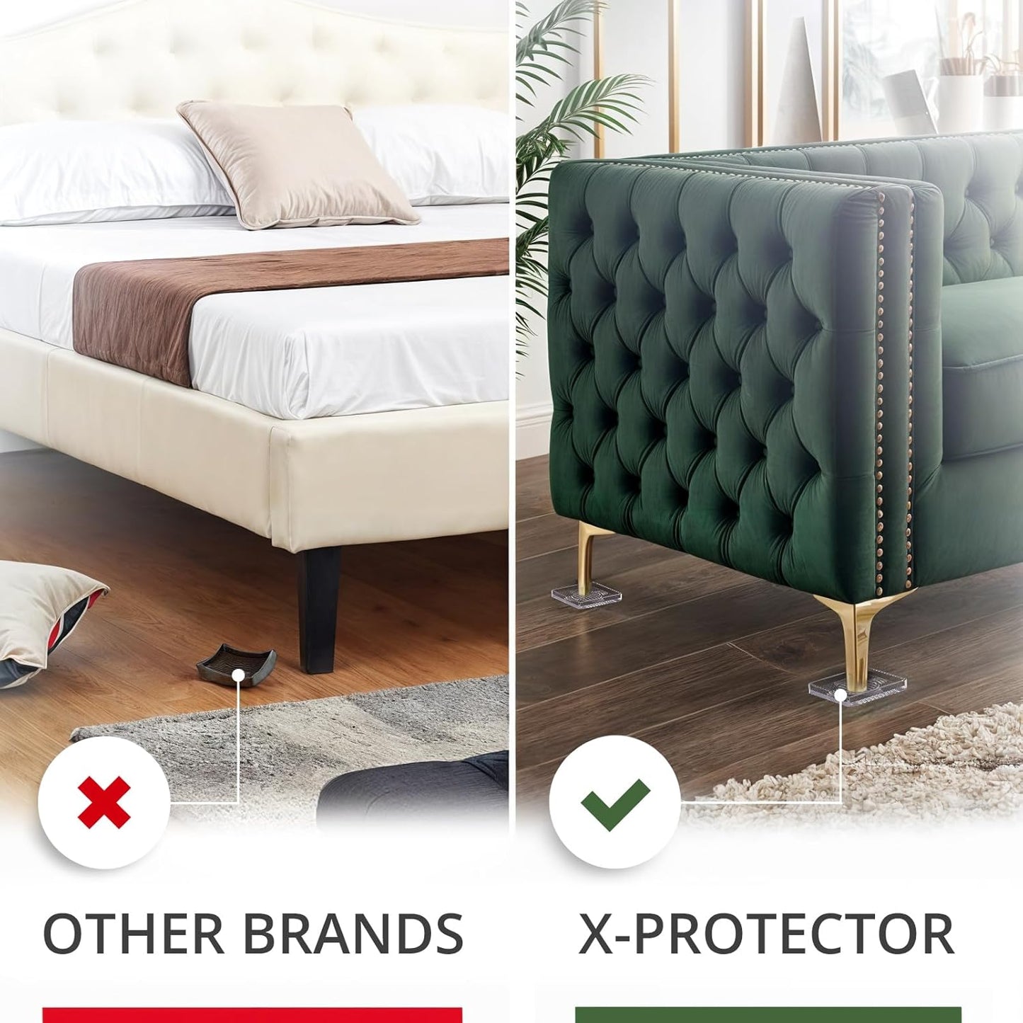 X-Protector Furniture Cups - 8 PCS 2.2" - Non Slip Furniture Pads for Hardwood Floors - Transparent Floor Protectors - Bed Stoppers to Prevent Sliding - Keep Furniture from Sliding on Floor! (Square)