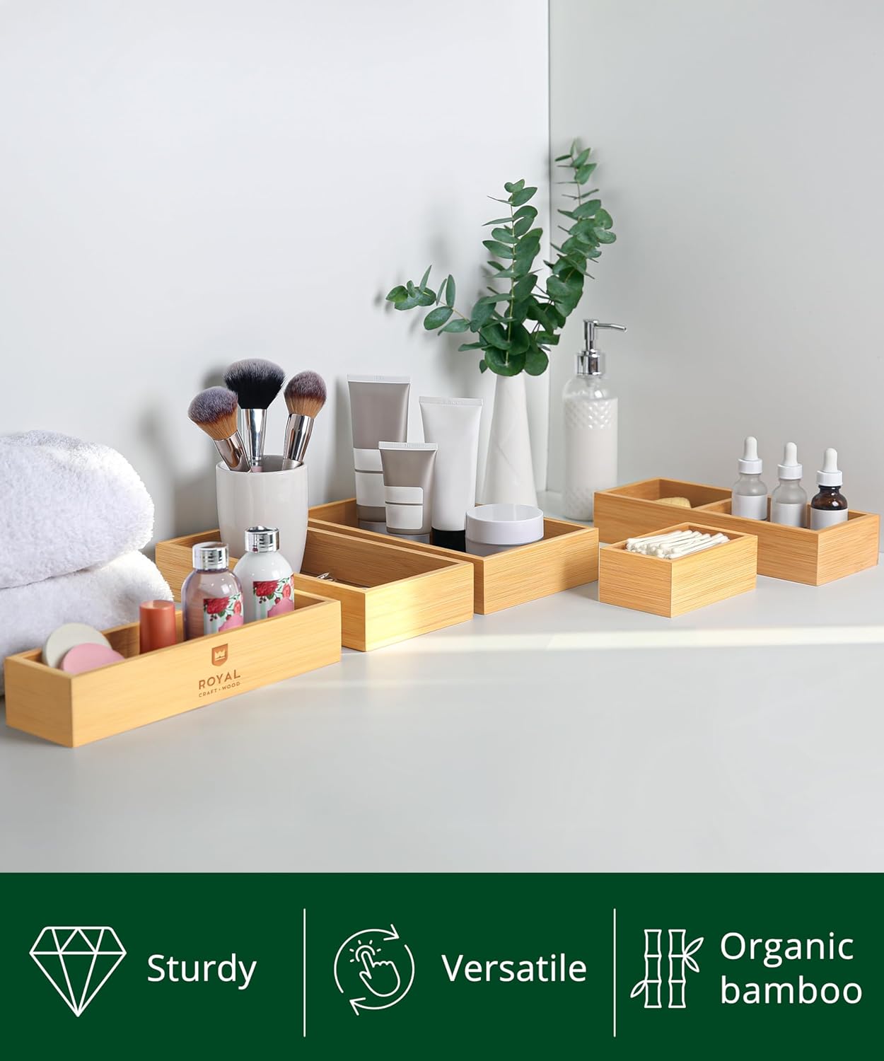 ROYAL CRAFT WOOD 5-Piece Bamboo Drawer Organizer Set – Multi-Use Storage Trays for Kitchen, Bathroom, Office, Makeup, Jewelry & More – Junk Drawer Tray, Utensil Holder, Storage Box & Bin Set (5 Boxes)