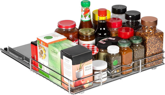 Pull Out Cabinet Organizer for Spices, Cans - Heavy Duty with Lifetime Limited Warranty- Pull Out Spice Rack- Cabinet Pull Out Shelf for Cans,Dishes, Etc, 16-3/8"Wx 10-1/2"D x 2-3/4” H, Chrome