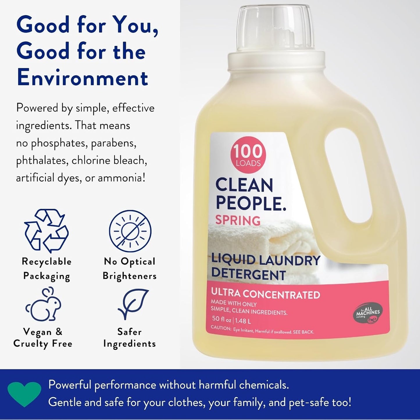 The Clean People Liquid Laundry Detergent - Recyclable Packaging, Stain Fighting - Ultra Concentrated, Laundry Soap - Spring Scent, 50 fl oz