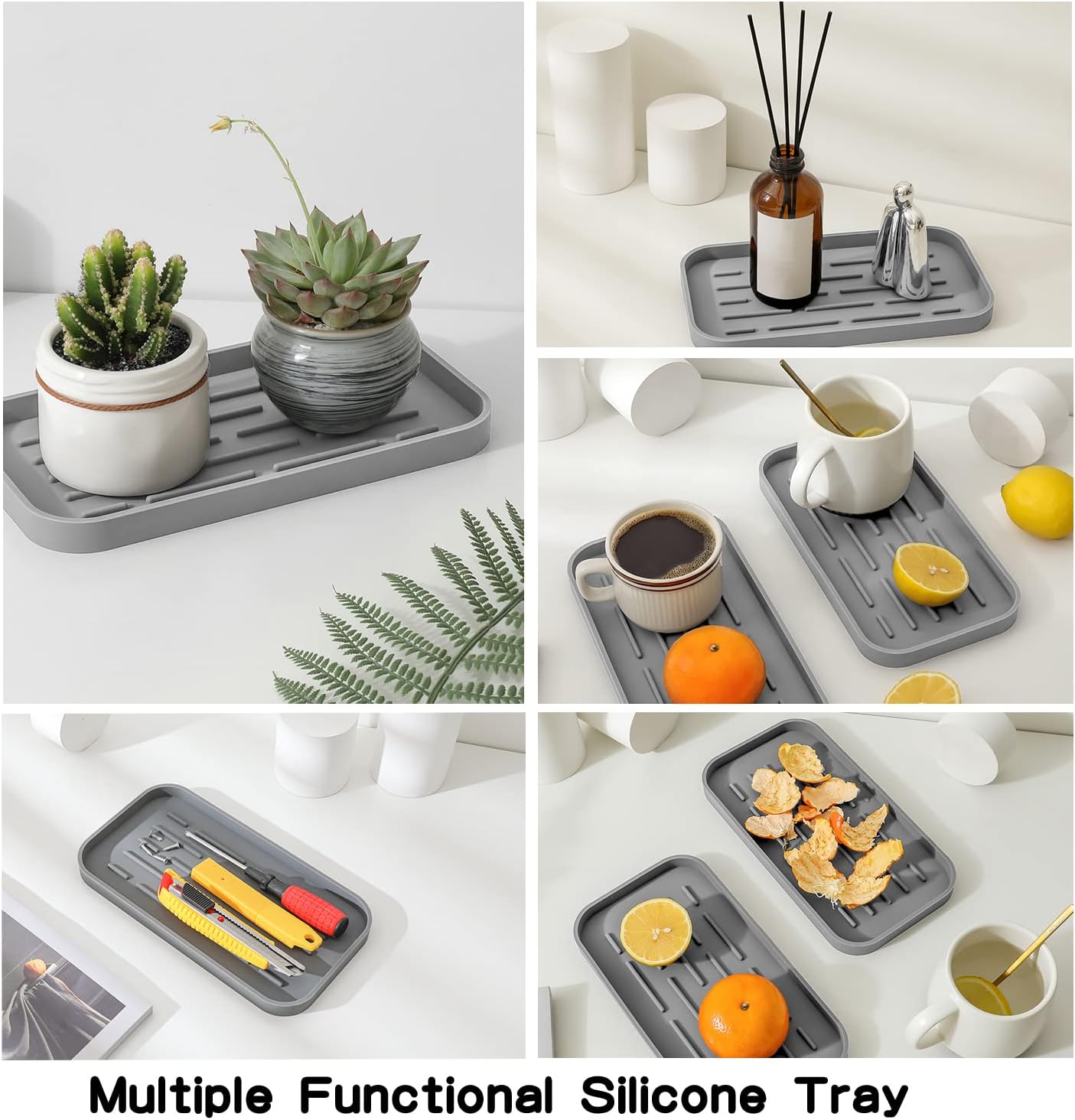 Silicone Kitchen Sink Organizer Tray for Multiple Usage,Eco-Friendly Sponges Holder for Kitchen Bathroom Counter or Sink,Dish Soap Dispenser,Scrubber,Bottle,Cup (Grey, 10"×5.3")