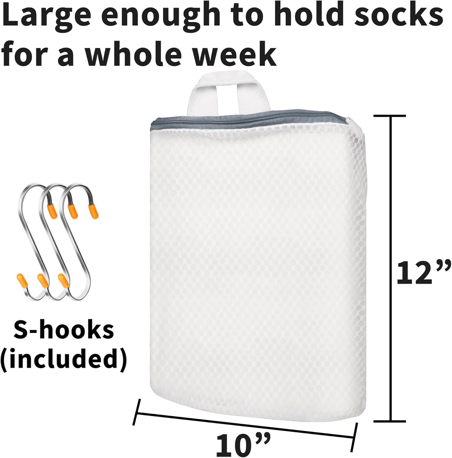 3Pcs Hanging Laundry Bags for Socks with S Hooks, 12 X 10 inch 3 Color Mesh Laundry Bags for Washing Machine