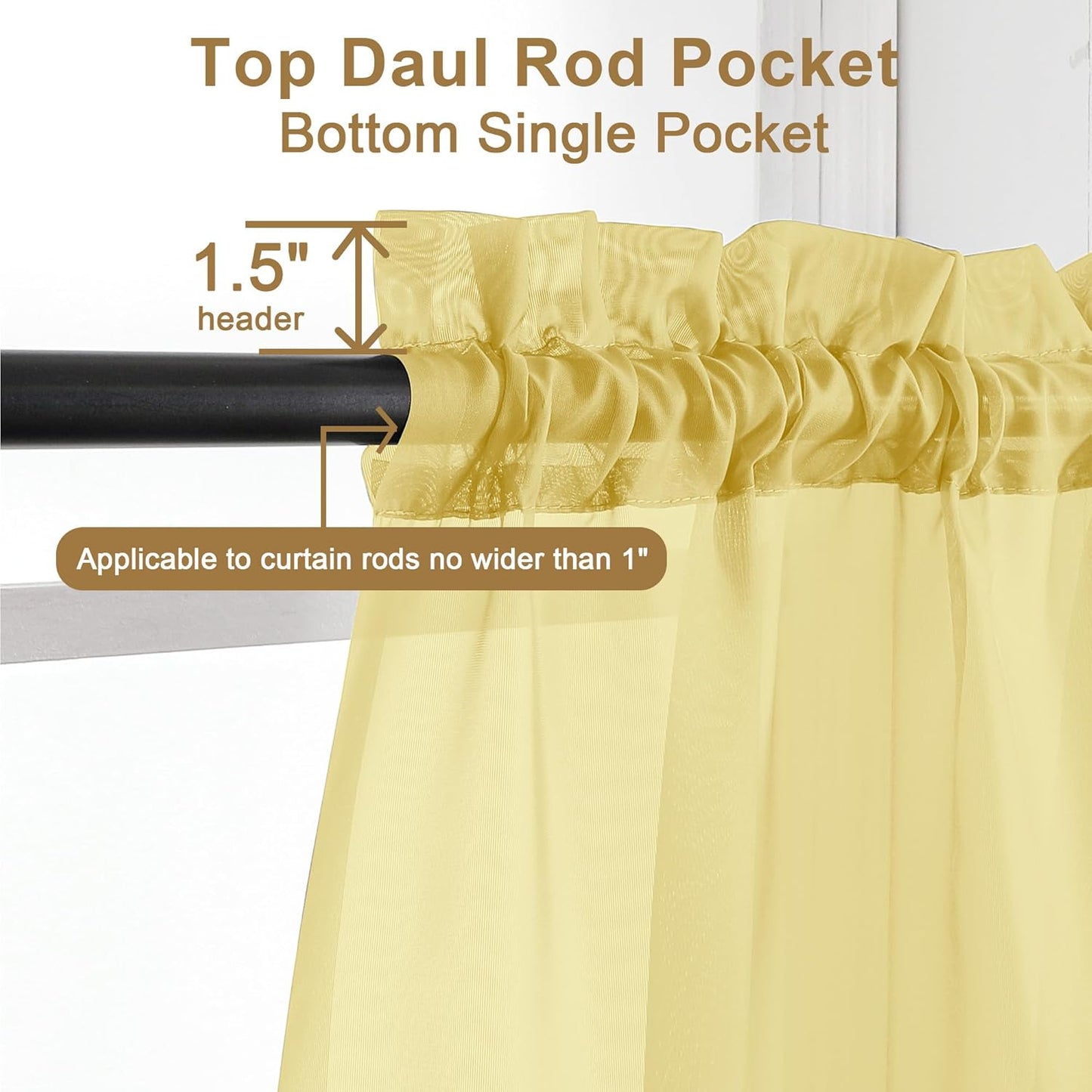 Chyhomenyc Yellow Sheer Curtains 63 Inch Length 2 Panels, Light Filtering Airy Rod Pocket Window Curtain Treatment Drapes for Bedroom Living, Each 42Wx63L Inches