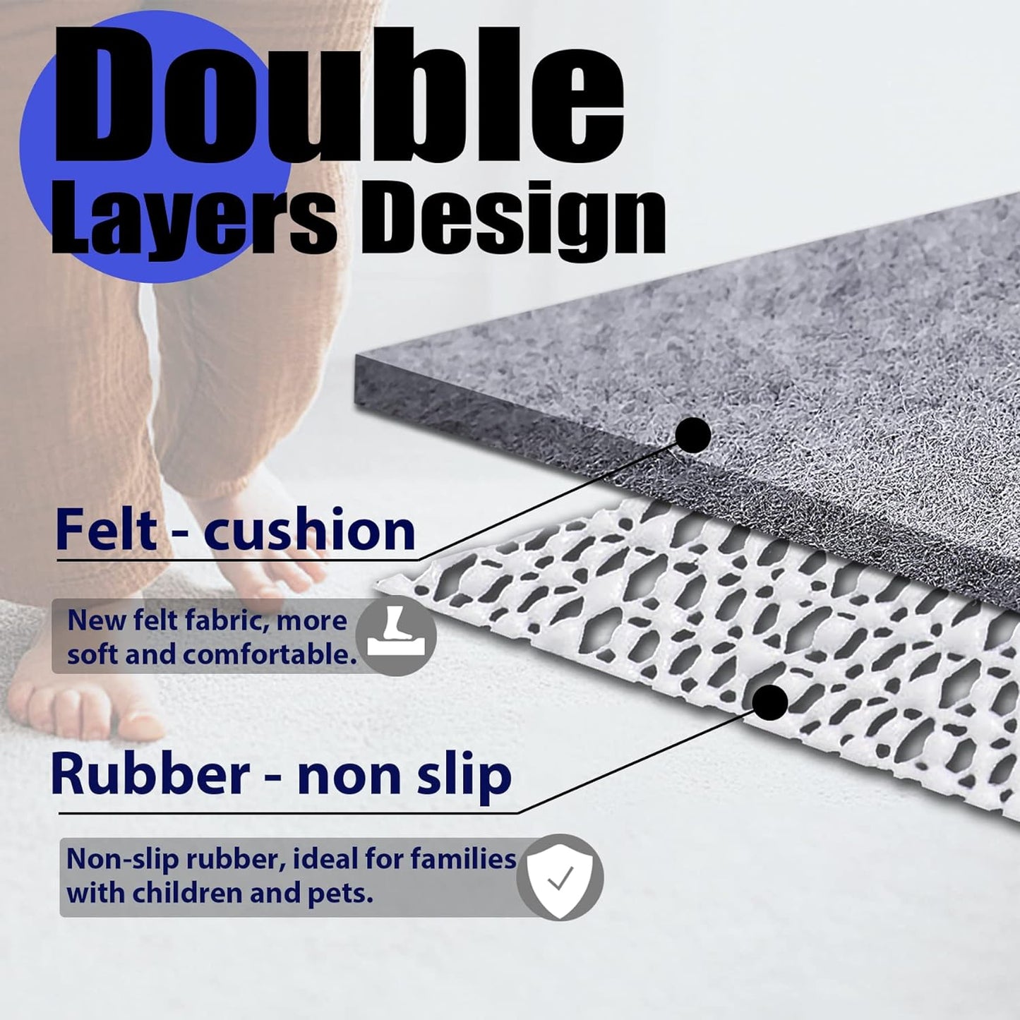 Non Slip Rug Pad Grippers - 2x8, 1/4" Thick, Felt + Rubber Double Layers Area Carpet Mat Tap, Provides Protection and Cushioning for Hardwood or Tile Floors