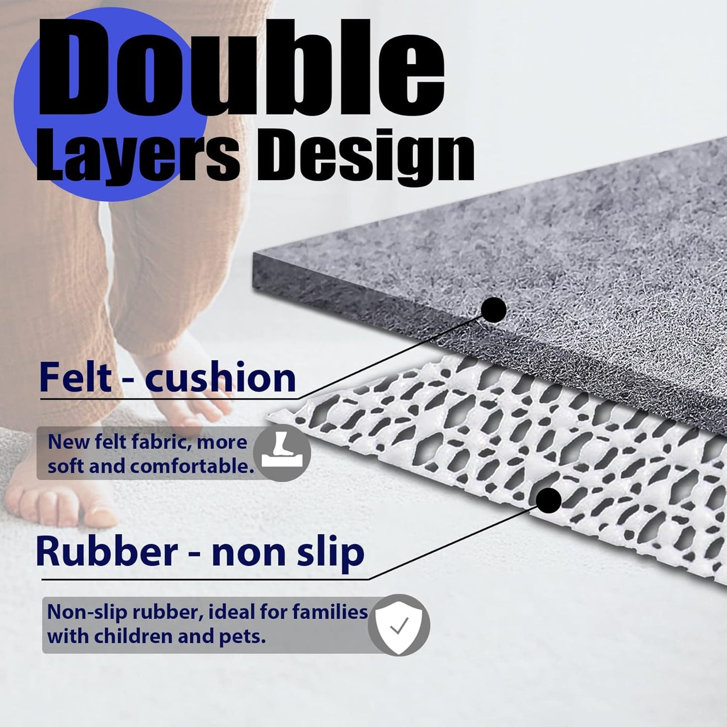 Non Slip Rug Pad Grippers - 2x3, 1/4" Thick, Felt + Rubber Double Layers Area Carpet Mat Tap, Provides Protection and Cushioning for Hardwood or Tile Floors