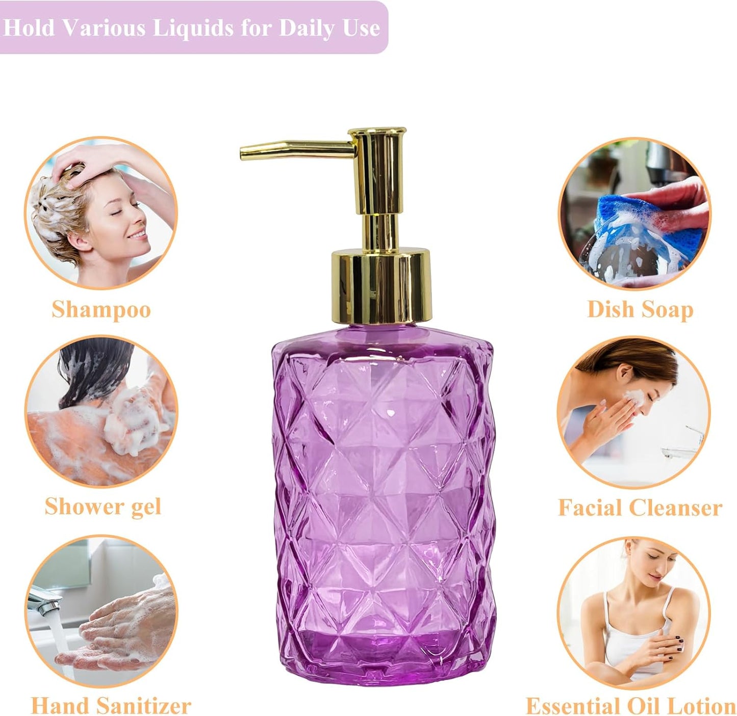 Glass Soap Dispenser with Gold Plastic Pump, 12oz Refillable Liquid Hand Soap Dispenser, Crystal Lotion Bottle for Modern Home Decor, Bathroom, Kitchen Countertop, Hotel(Rosy)