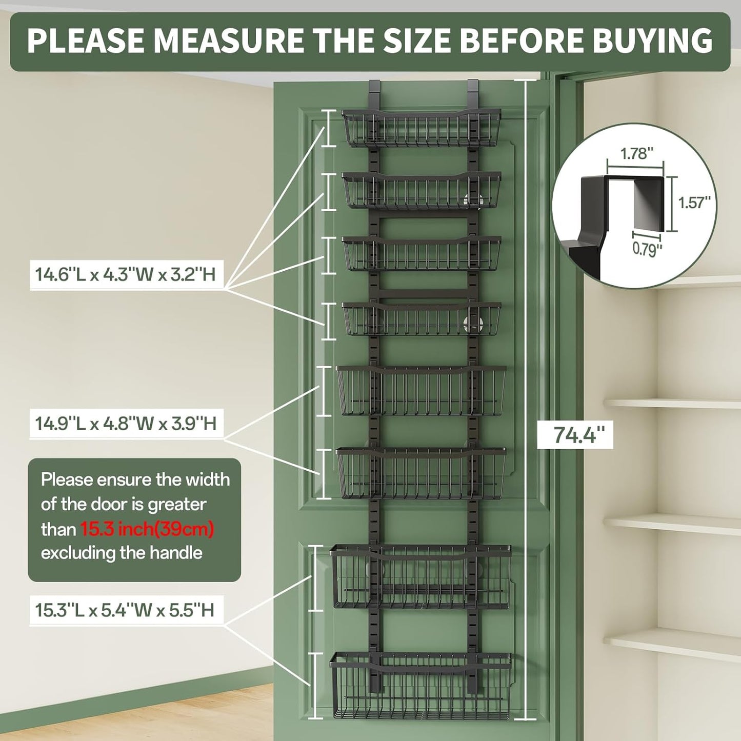 Over The Door Organizer，8-Tier Over The Door Pantry Organizer with Adjustable Baskets，Metal Hanging Pantry Organizers and Storage for Kitchen, Back of Door Seasoning Rack (Black)