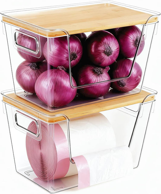Stackable Trash Bag Dispenser with Bamboo Lid 2 Pack Clear Plastic Garbage Bag Holder, Potato Onion Storage, Kitchen Organizer for Countertop, Under Sink, Pantry