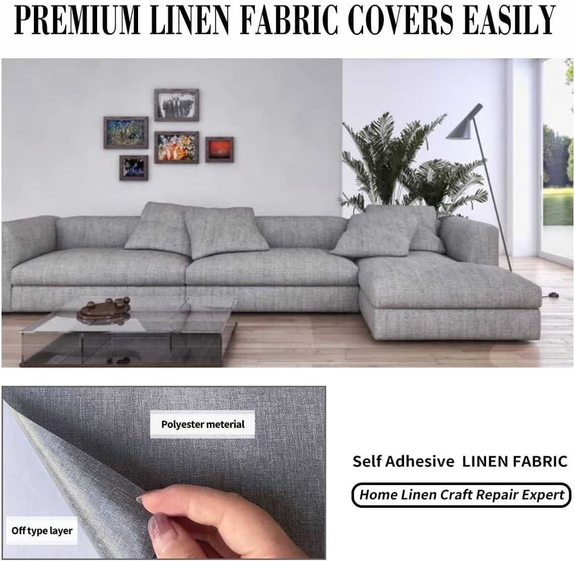 Fabric Repair Patches, 17X158 Inch Linen Repair Tape Self-Adhesive Fabric Patches Durable, DIY Large Linen Tape for Sofa, Couches, Furniture, Chair, Clothing （17X158 Inch, Grey）