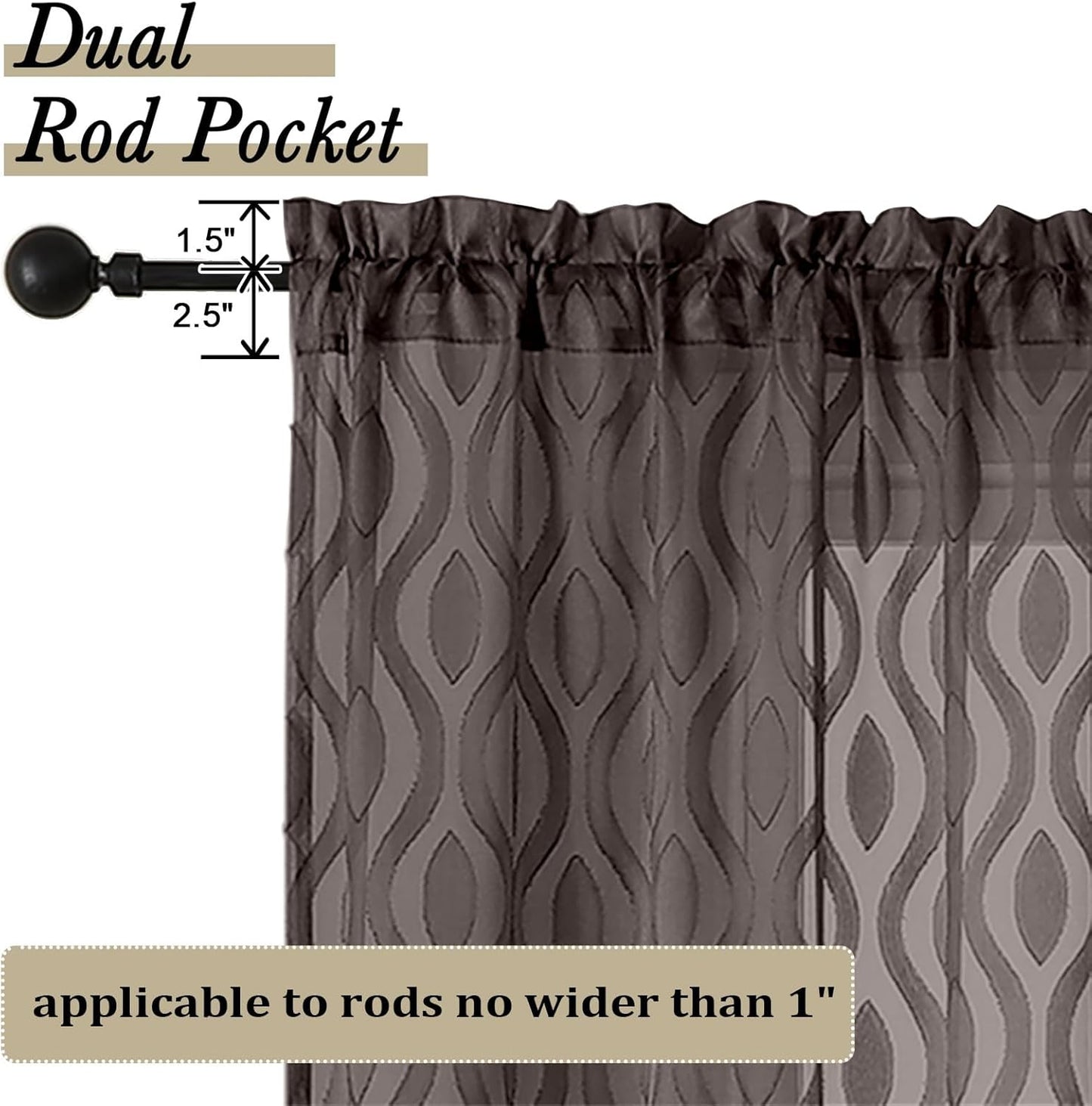 Aiyufeng Sheer Curtains 63 Inch Length 2 Panels Set, Solid Brown Light Filtering Voile Window Treatments for Bedroom Living Room, Modern Wavy Line Textured, 40" W X 63" L