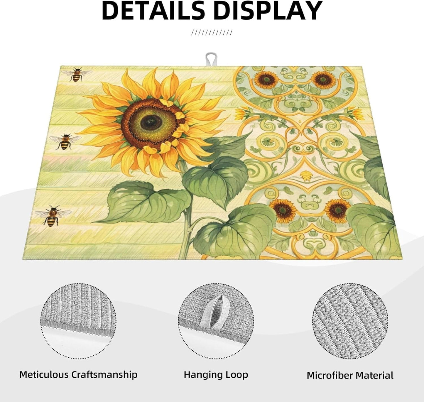 Sunflower Bee Dish Drying Mat Highly Absorbent Double-Sided Microfiber with Hanging Loop Reversible Drain Dish Rack Mat Drain Mat Suitable for Kitchen Countertop Coffee Bar 18 x 24 Inch