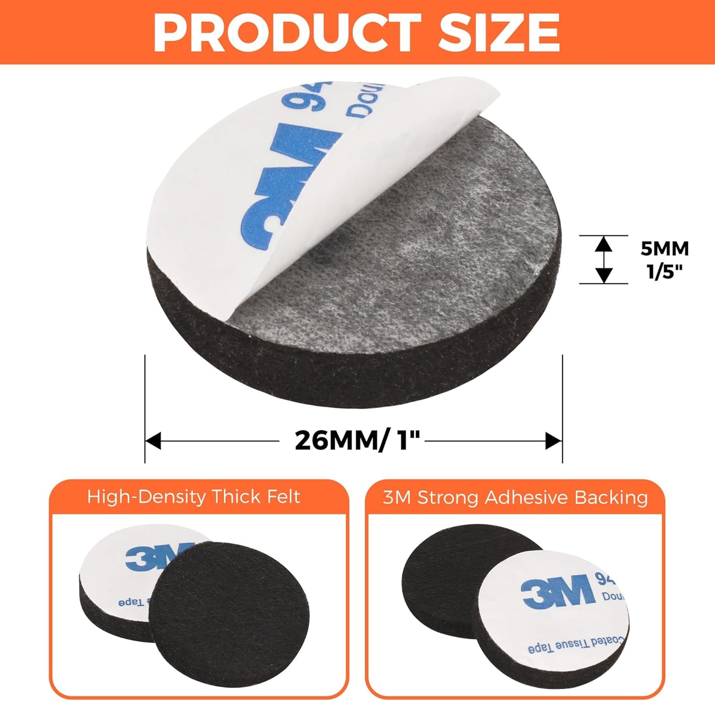 Felt Furniture Pads 120 PCS, Non Slip Self Adhesive Felt Pads Chair Leg Floor Protectors for Furniture Feet Wood Hardwood Floors, 1 inch Round, Black