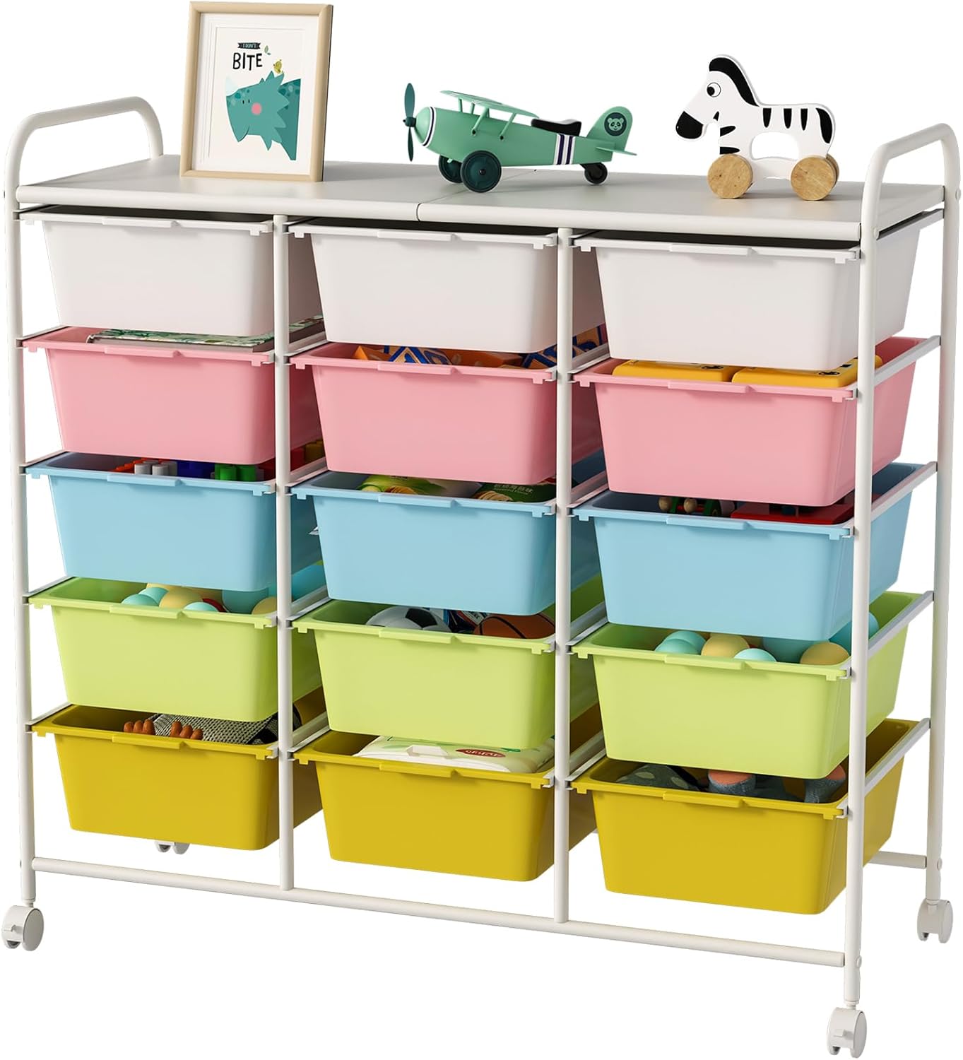 15 Drawers Rolling Cart With Wheels, Plastic Storage Drawer With Metal Frame, Multipurpose Art Craft Organizer, Utility Cart for Home, Office, School, Multicolor