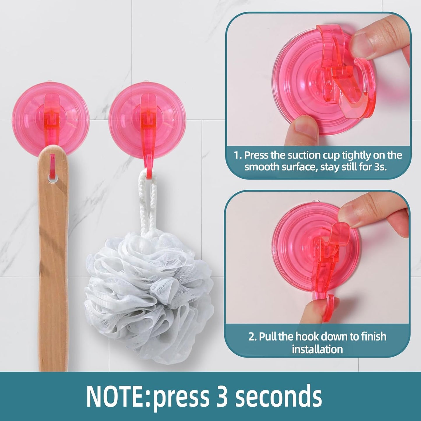 Antimbee Suction Hooks, 5 Pack Clear Hanger, Removable Small Suction Cups for Shower, Bathroom, Glass, Door, Windows, Kitchen - Up to 11 lbs on Smooth Surface - 2 Hooks Design (Transparent Pink)