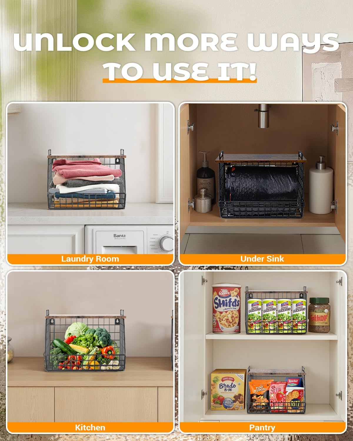 Extra Large Trash Bag Holder Under Sink, Wall Mounted Garbage Bag Dispenser Roll Holder for 13/33 Gallon Trash Bags, Kitchen/Pantry/Laundry Room Organization Basket Storage Bin, Tool-Free Assembly