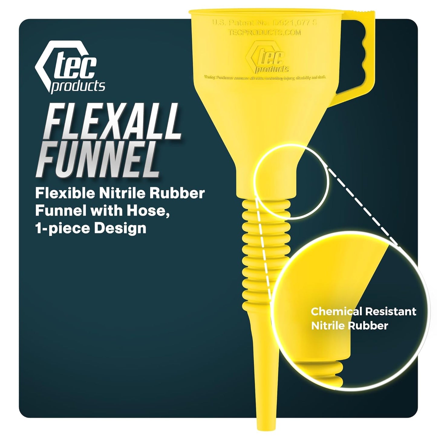 TEC Products FlexAll Long Flexible Funnel for Automotive Use - Durable Nitrile Rubber - Ideal for Car Oil Change, Transmission Funnel Fluid, Diesel, Fuel, Gas - Made in USA - Yellow (16 x 5 Inches)