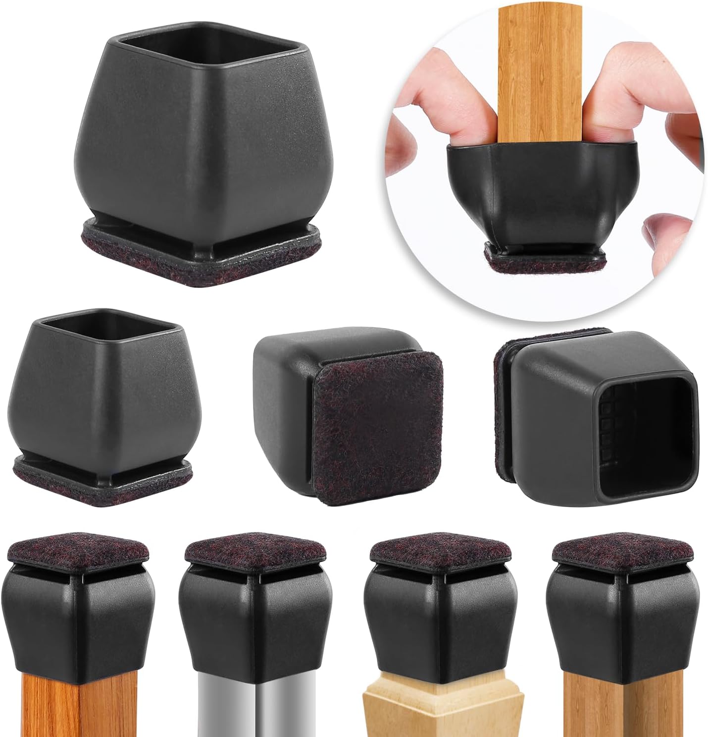 Ezprotekt 24 Pcs Square Silicone Chair Leg Floor Protectors, Felt Furniture Pads Covers for Table, Bar Stool Leg Floor Protectors Caps, Chair Socks Sliders for Wood Floors (Fit 0.8"- 1.1", Black)