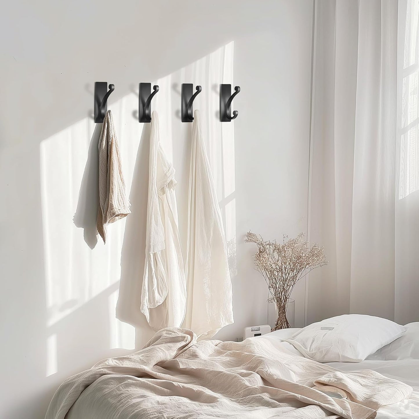 Adhesive Wall Hook for Towel/Coat - Extra Sticky 10LB Stainless, Stick on Hanger for Bath or Shower, Matt Black 4-Pack