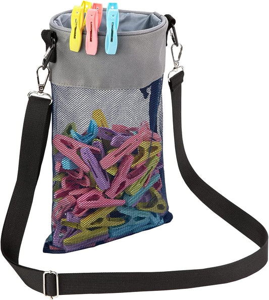 Mesh Clothespin Bag with Hooks Hanging Clothes Pin Bag with Drawstring Closure Clothespin Holder, Ventilation and Moisture Resistance, Storage Organizer, Machine Washable （Gray）