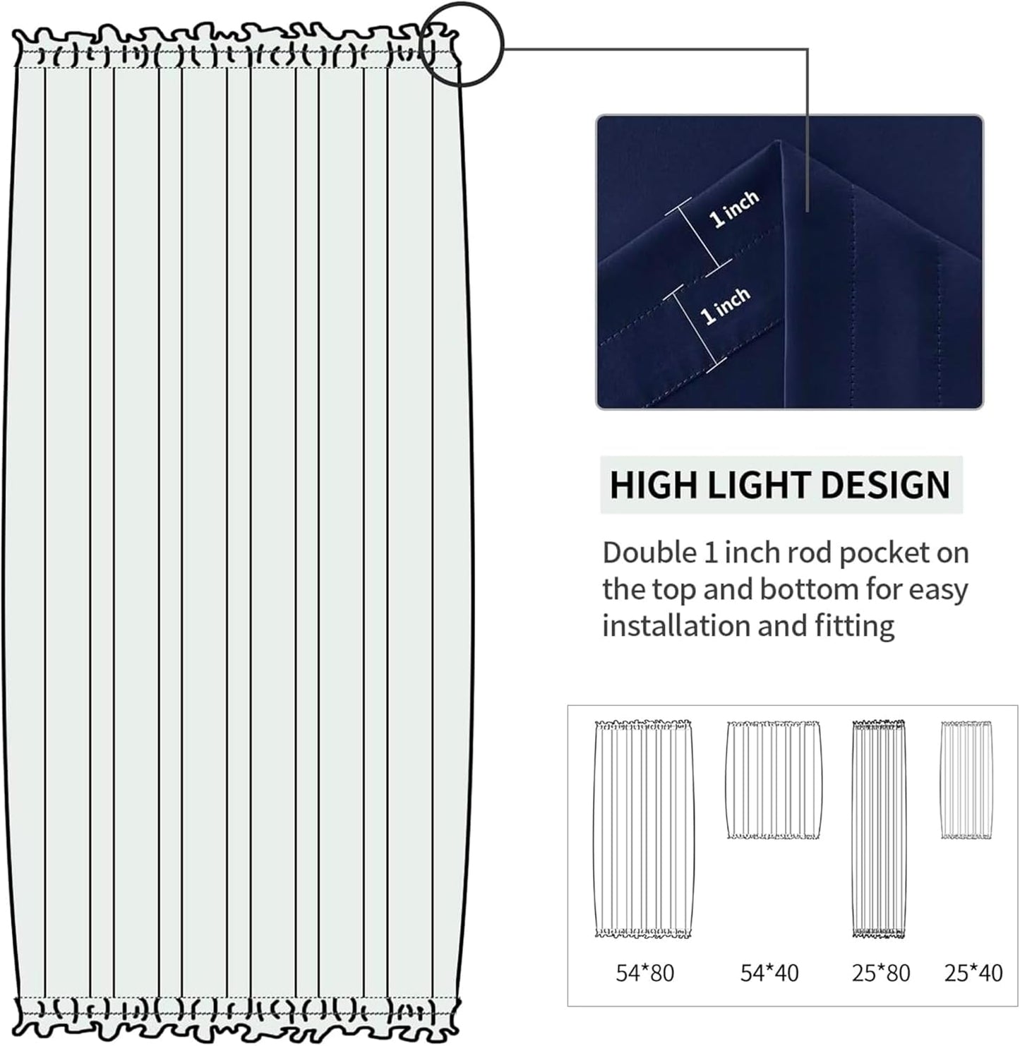 DWCN French Door Curtains – Rod Pocket Thermal Blackout Curtain for Doors with Glass Window, Kitchen and Patio Doors for Privacy, 25 X 80 Inches Long, 1 Curtain Panel with Tieback, Navy Blue