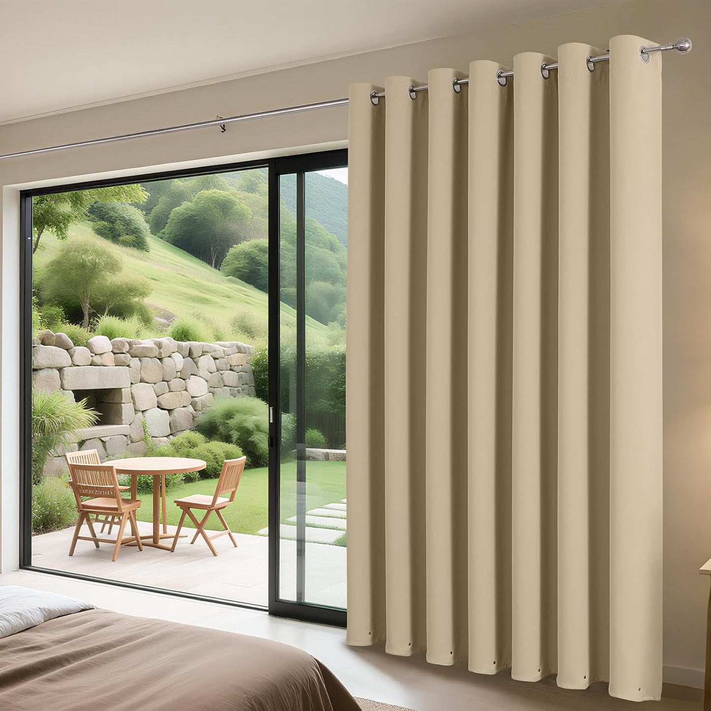 Joydeco Blackout Patio Sliding Door Curtains 108 Inches Long, Grommet Privacy Room Divider Curtains, Extra Wide Thermal Blackout Drapes for Bedroom Living Room (Light Beige, 70Wx108L, 1 Panel)