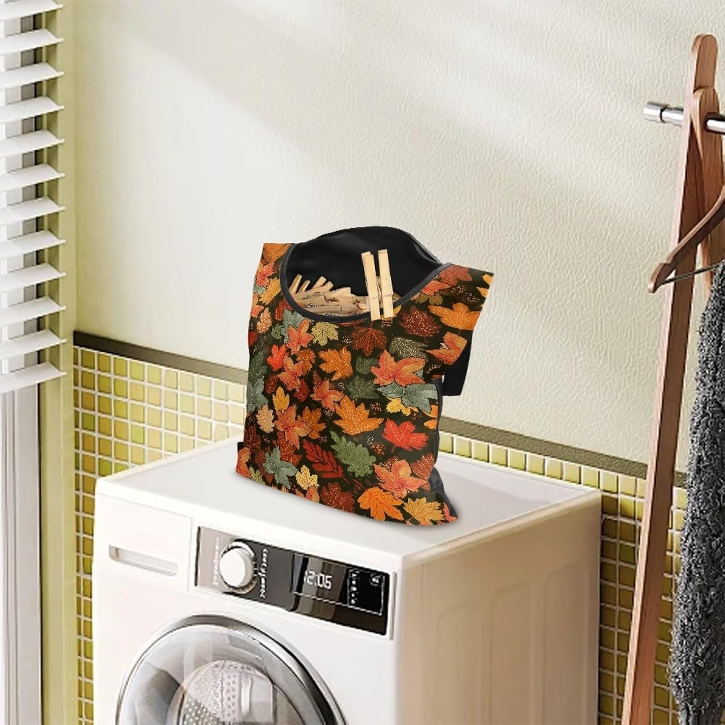 Fashion Maple Leaf Laundry Clothespin Holder Bag - 12x14.5 Inch Waterproof Hanging Organizer with Large Opening for Patio & Home