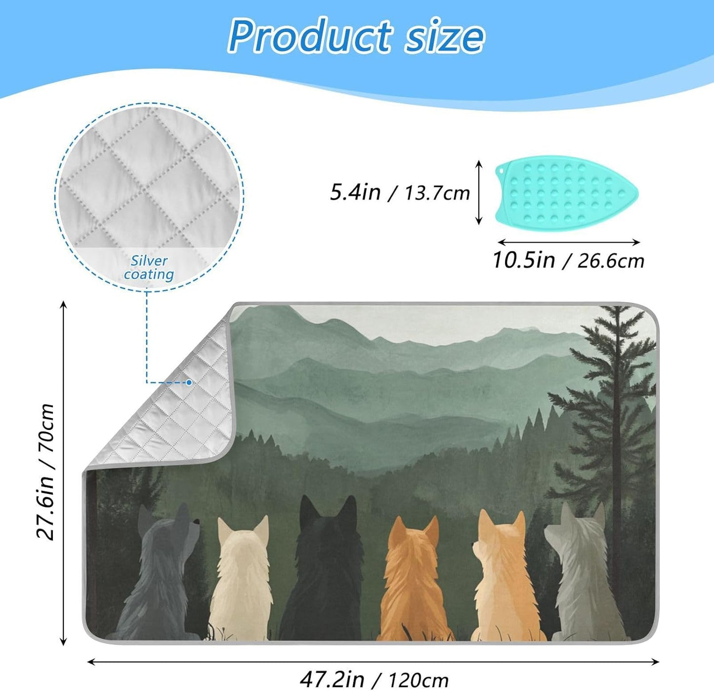 Ironing Mat Portable Ironing Pad Ironing Blanket for Table Top Heat Resistance Double-Side Using Travel Large 47.2 x 27.6 Inch Foldable Lightweight Cute Wolves Back and Green Mountain