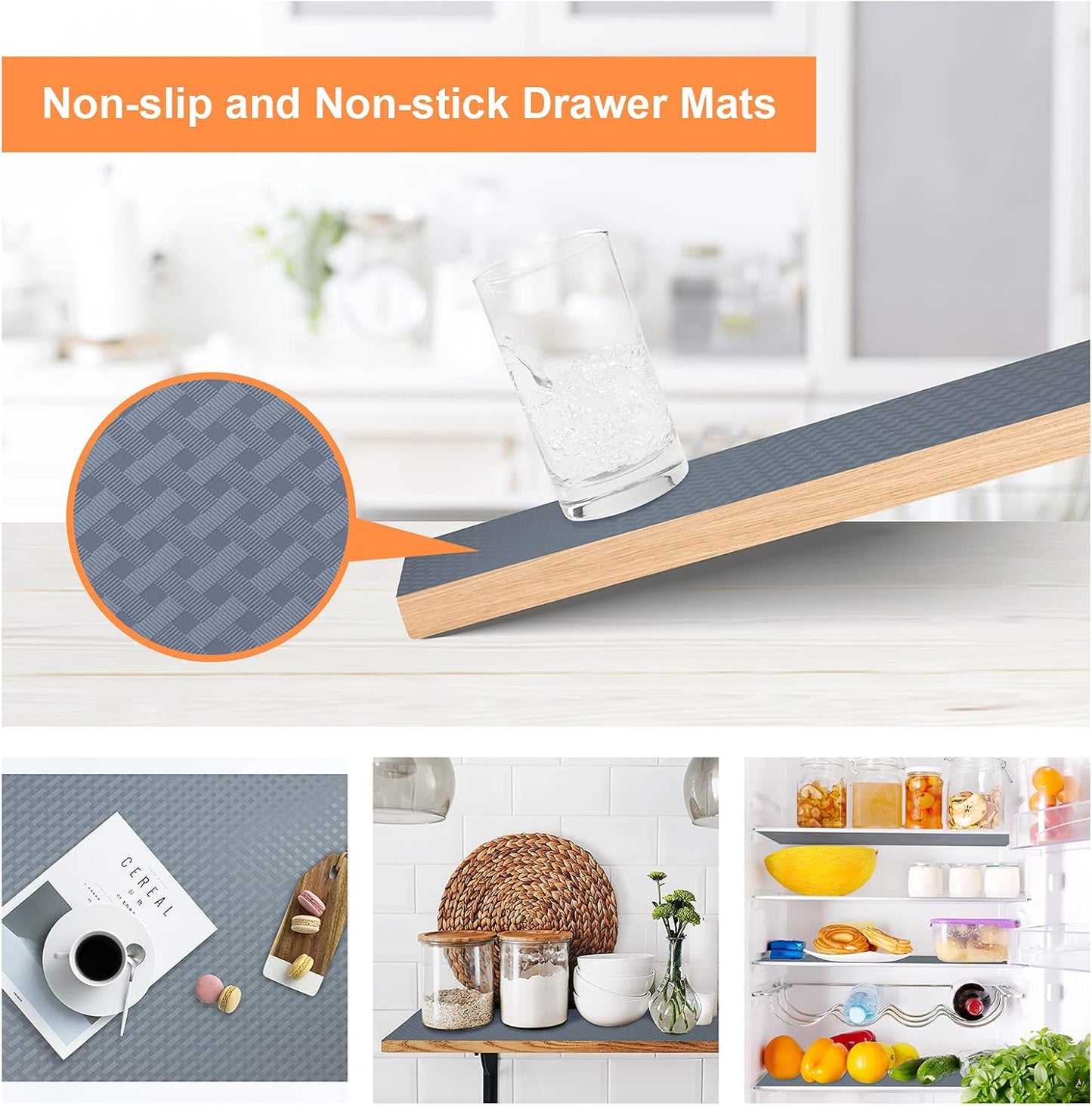 Shelf Liners for Kitchen Cabinets Refrigerator Liners Waterproof & Oil-Proof Kitchen Cupboard Liner Non-Slip Drawer Mats EVA Material Non Adhesive Fridge Mats for Shelves 17.3 x 236.2 Inches