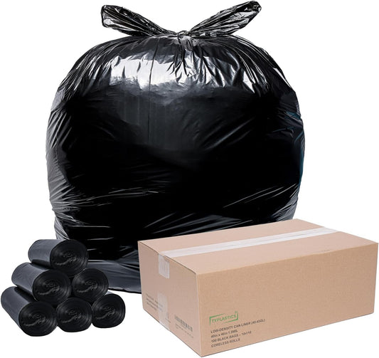 TYPLASTICS 40-45 Gallon Trash Bags Can LIners Heavy Duty 40x46" 1.5 Mil, Black 100 Count