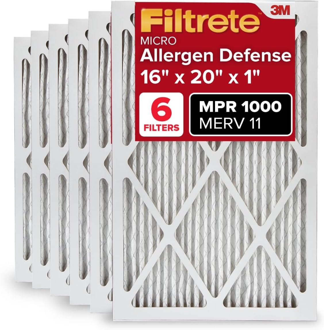 Filtrete 16x20x1 AC Furnace Air Filter, MERV 11, MPR 1000, Micro Allergen Defense, 3-Month Pleated 1-Inch Electrostatic Air Cleaning Filter, 6 Pack (Actual Size 15.69 x 19.69 x 0.81 in)