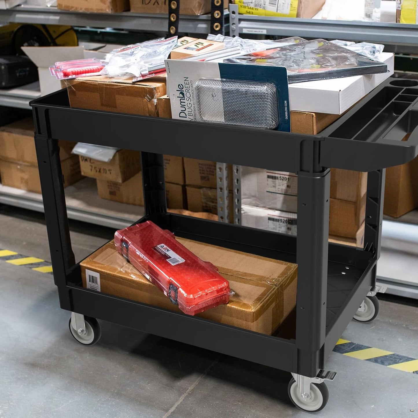 2 Tier Plastic Rolling Cart Utility Cart on Wheels, Heavy Duty Tool Carts with Ergonomic Storage Handle and Deep Shelfs, Work Cart Service Carts for Garage, Warehouse, Workshop, Office, Cleaning