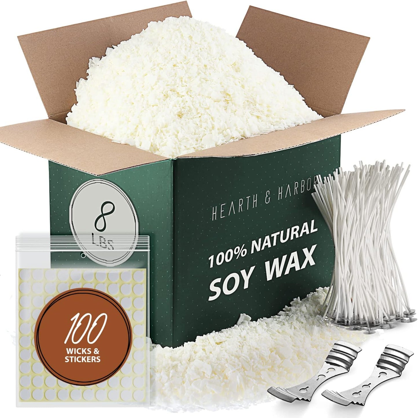 Hearth & Harbor Soy Candle Wax for Candle Making - Natural Soy Wax for Candle Making 8 lb Bag, Premium Soy Wax Flakes, 100 Cotton Candle Wicks, 100 Wick Stickers, & 2 Centering Devices