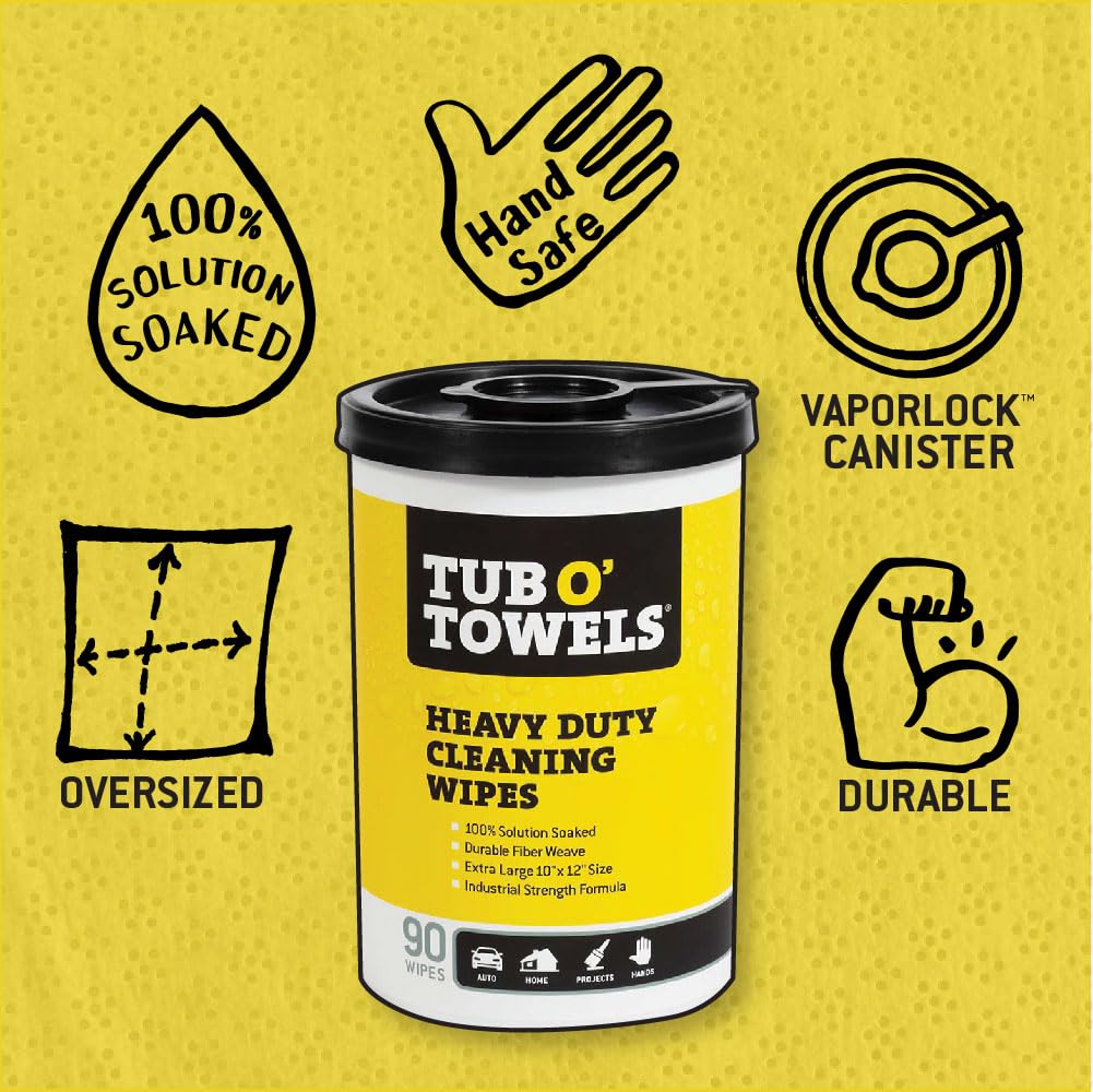 Tub O' Towels TW90 Heavy-Duty 10" x 12" Size Multi-Surface Cleaning Wipes, (10" x 12" wipes) Per Canister, Pack of 1, 90 Count Total