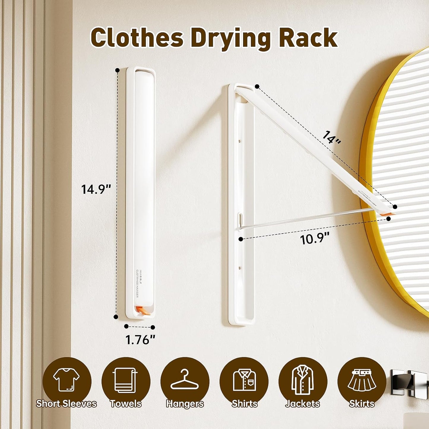 Clothes Drying Rack, Laundry Room Wall Mounted Retractable Clothes Hanger Drying Rack, Laundry Clothing Drying Rack Folding Indoor or Outdoor, Easy Installation Aluminium Dryer, 1pcs(White)