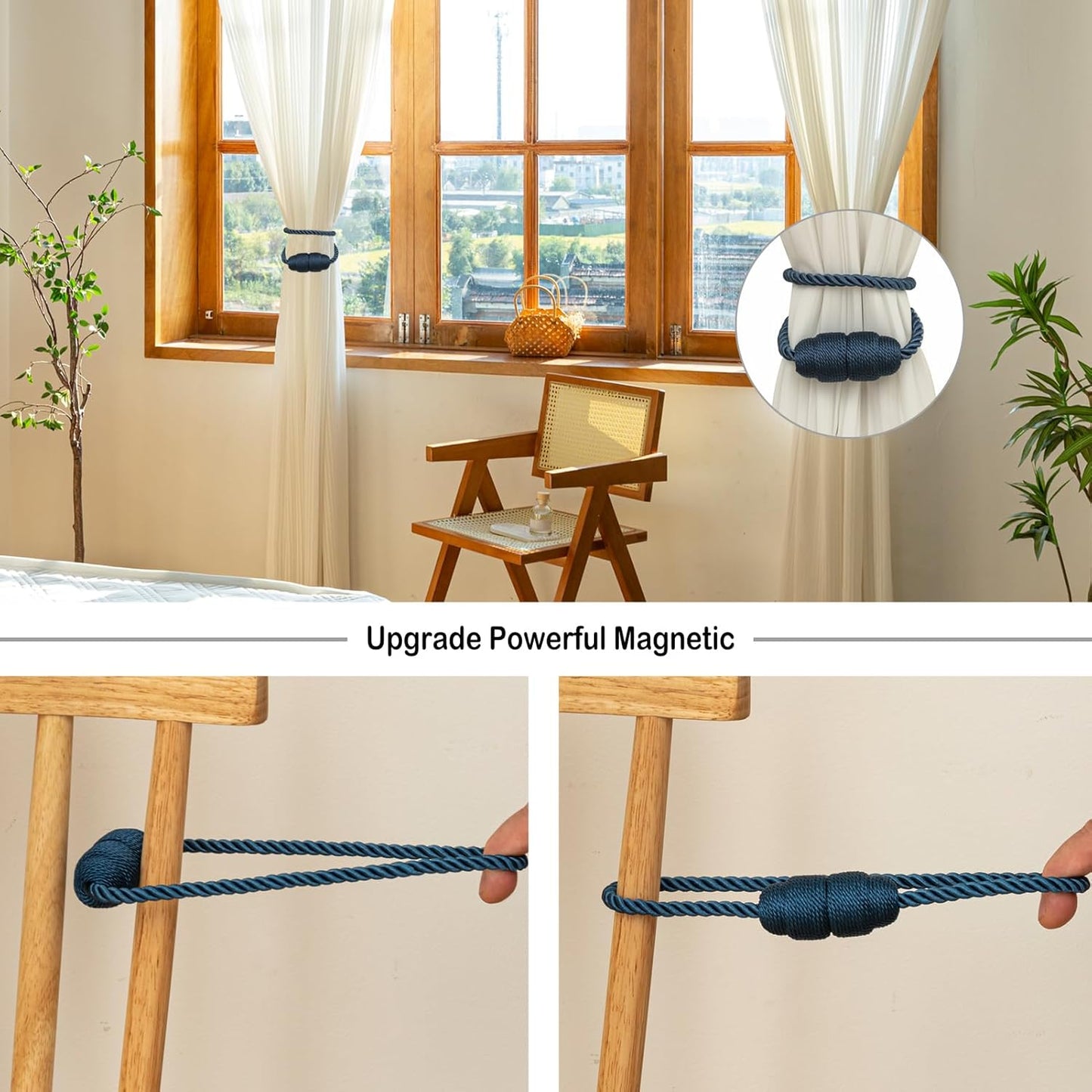 Magnetic Curtain Tiebacks - Rope Tiebacks for Curtains & Drapes, Decorative Window Holdbacks (4 Pack, Blue)