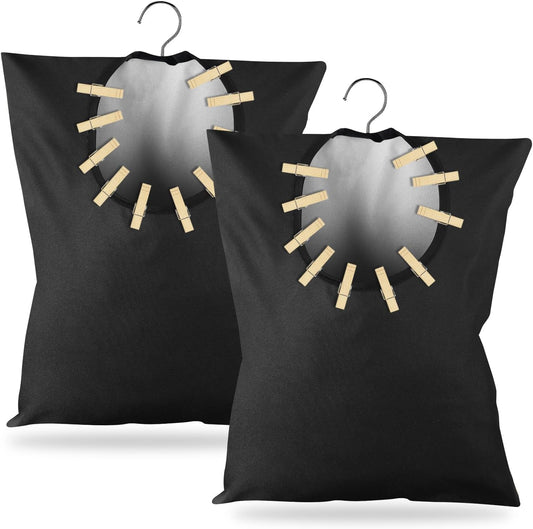 2 Pcs Clothes Pin Hanging Bag With Hook - 15 x 11 Inch Black Laundry Canvas Holder - Waterproof Storage Organizer for Clothespins