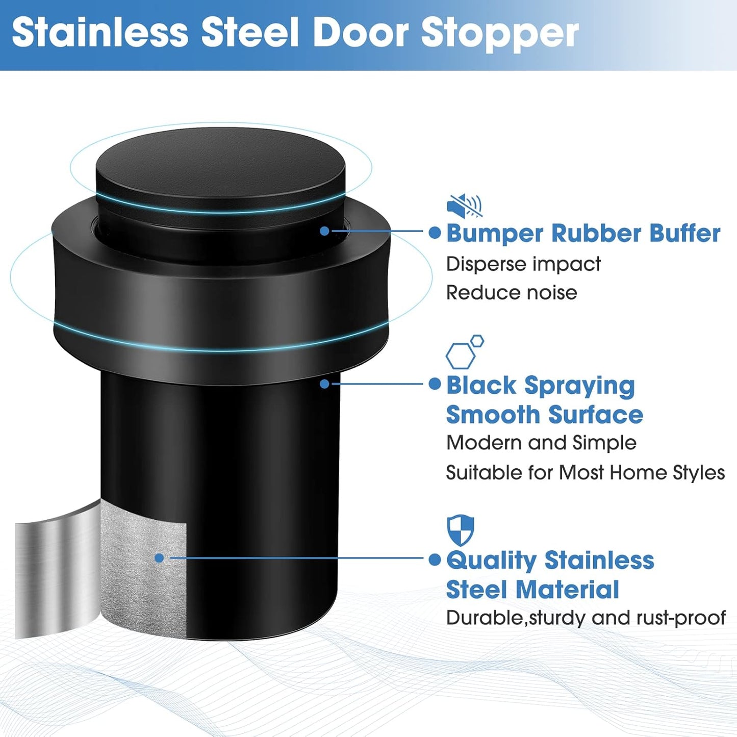 Chumia 10 Pcs Door Stopper Mounted Floor Stops Stainless Steel Cylindrical Stopper Modern Decorative Rubber Bumper Stops Holder Wall Protector for Bottom or Top of Door (Black)