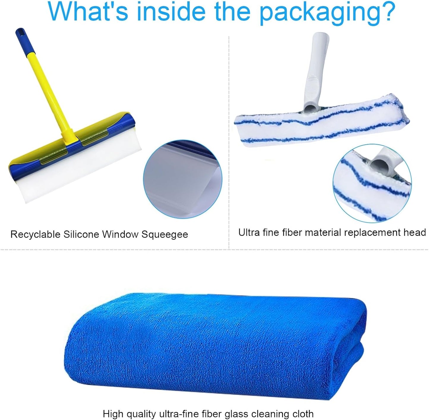 Recyclable Silicone Window Squeegee Kit, Aqua Blade Window Squeegee Kit, Glass Cleaning Tools with Silicone Squeegee and Glass Microfiber Cleaning Cloth for Glass Doors, Showers and Home, Blue