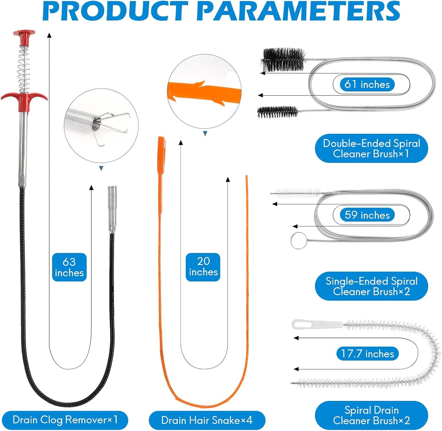 10 PCS Drain Snake Hair Drain Clog Remover Tool Set, Snake Drain Hair Removal Tool, Grabber Claw Drain Hair Remover, Flexible Drain Cleaner Brushes for Toilet, Kitchen Sink, Shower & Tub