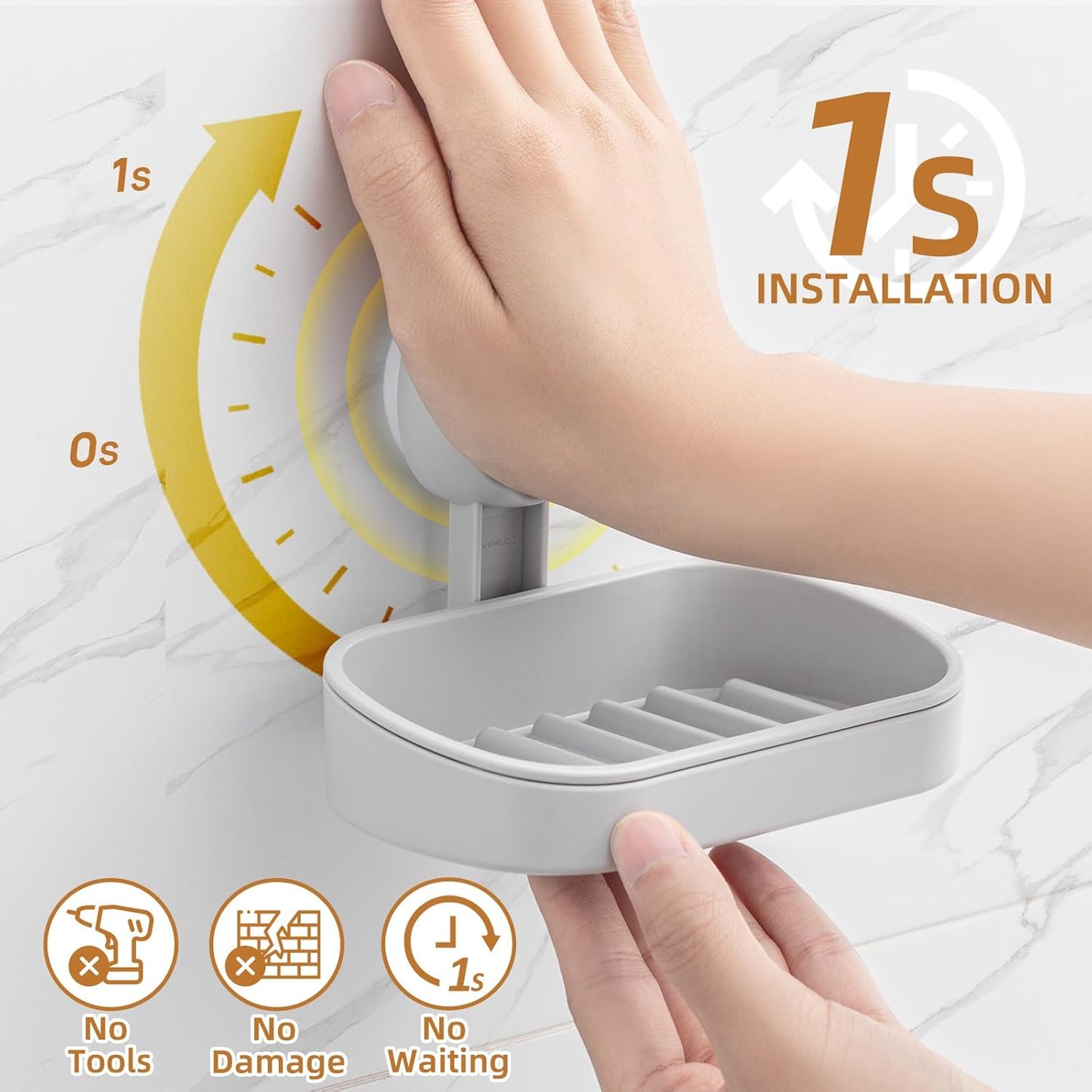 LEVERLOC Soap Dish Holder for Shower Suction Cup Wall Mounted Self Draining NO-Drilling Removable Bar Soap Sponge Holder for Bathroom Bathtub Kitchen Sink Waterproof Strong Vacuum Suction, Grey