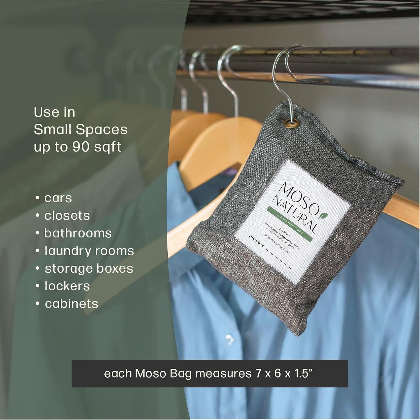 Moso Natural Air Purifying Bag 200g (3 Pack) Bamboo Charcoal Odor Absorber for Home & Car | Closet Odor Eliminator, Small Room Deodorizer & Car Air Freshener | Long Lasting Charcoal Bags Cover 90sqft