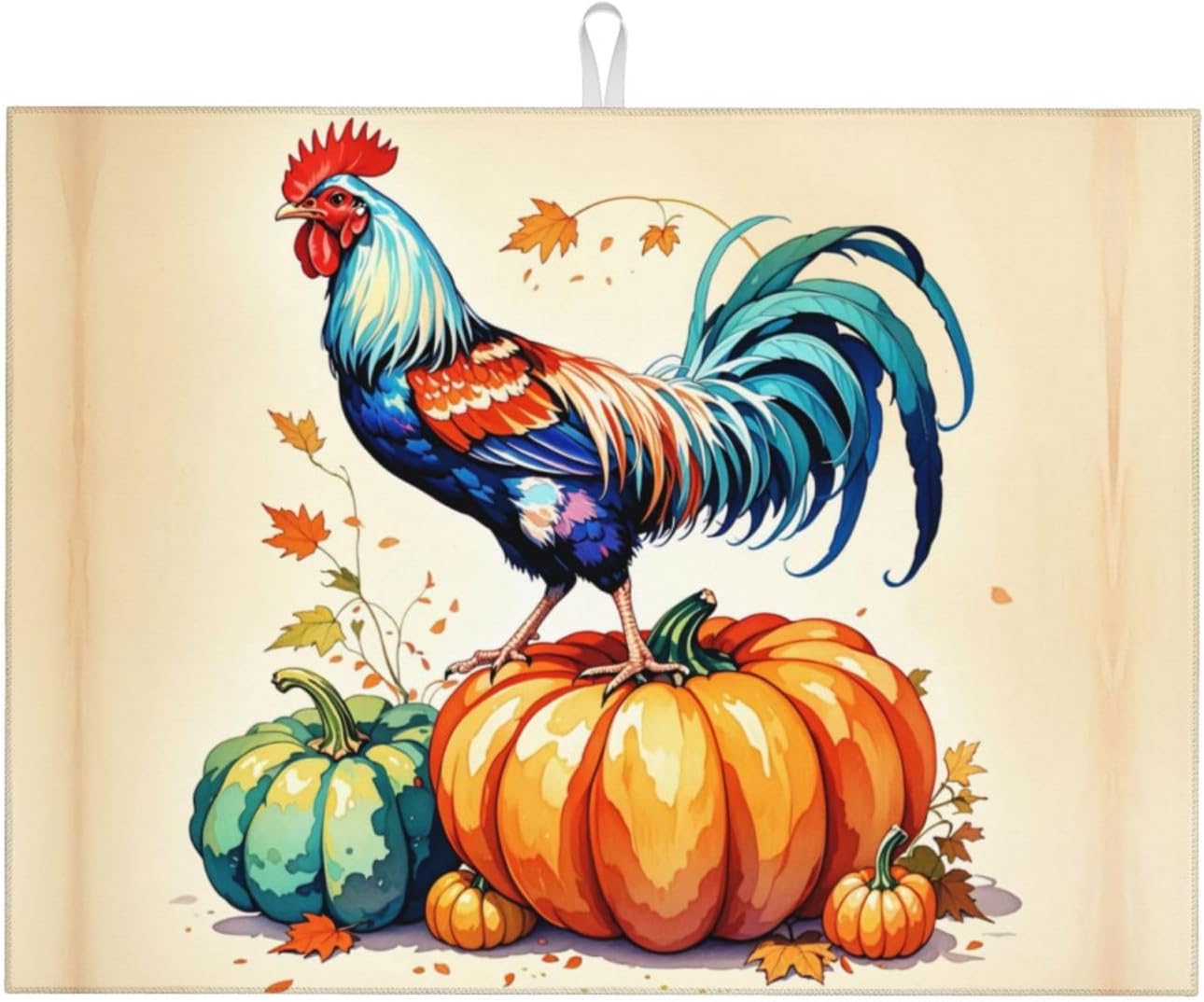 Rooster Pumpkin Dish Drying Mat Highly Absorbent Double-Sided Microfiber with Hanging Loop Reversible Drain Dish Rack Mat Drain Mat Suitable for Kitchen Countertop Coffee Bar 18 x 24 Inch