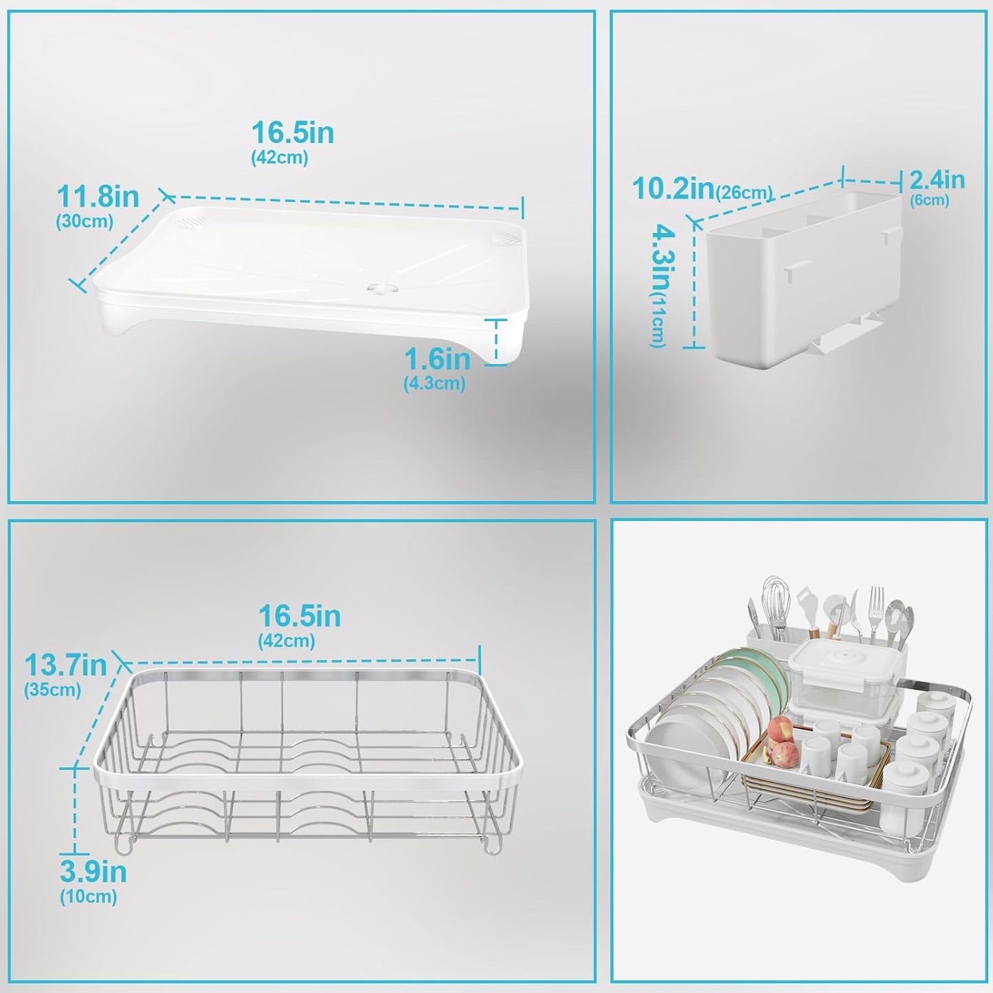 Dish Drying Rack 304 Stainless Steel Dish Racks,Adjustable Spout Auto-Draining Dish Drainers for Kitchen Counter, Large Capacity Dish Rack for Bowls, Cups, White