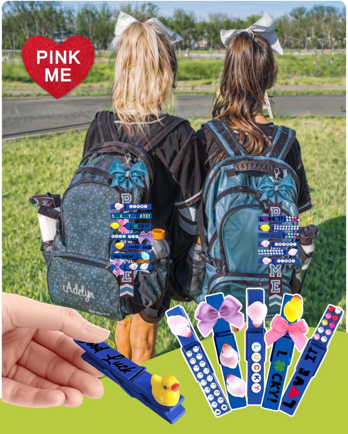 Cheer Pins for Backpack Cheer Stuff Kit 70 Blue Colored Clothes Pins with Mini Resin Ducks Bows Letter Beads Team Cheerleaders Gifts Bulk Pin Me Ribbon for Bag Decorations Competition Spirit Clips