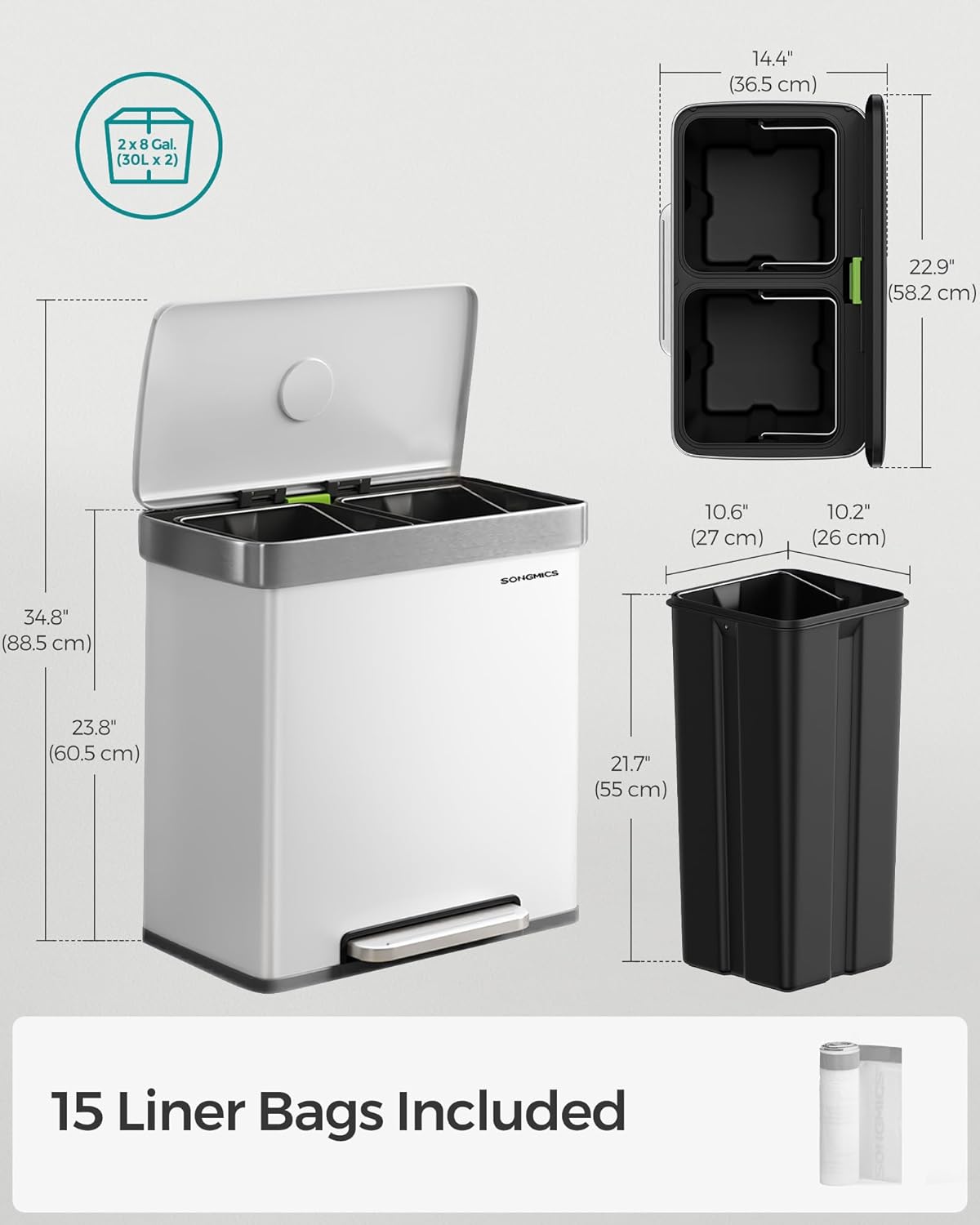 SONGMICS Kitchen Trash Can, 16 Gallon (2 x 8 Gallon) Dual Compartment Garbage Can, 60L Pedal Recycling Bin, Stays Open and Soft Close, Stainless Steel, 15 Bags Included, Cloud White ULTB202W01