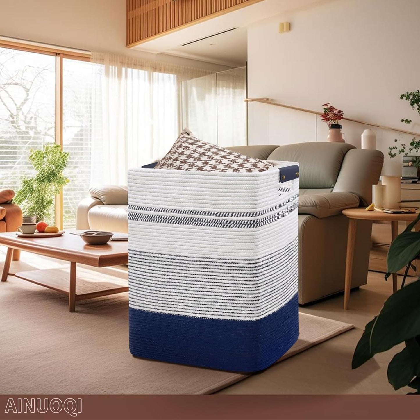 Large Laundry Basket - Tall Woven Rope Laundry Hamper with Leather Handles - Dirty Clothes hamper for Living room, Bedroom, 17.8" X 13.8" X 22", Dark Blue & White
