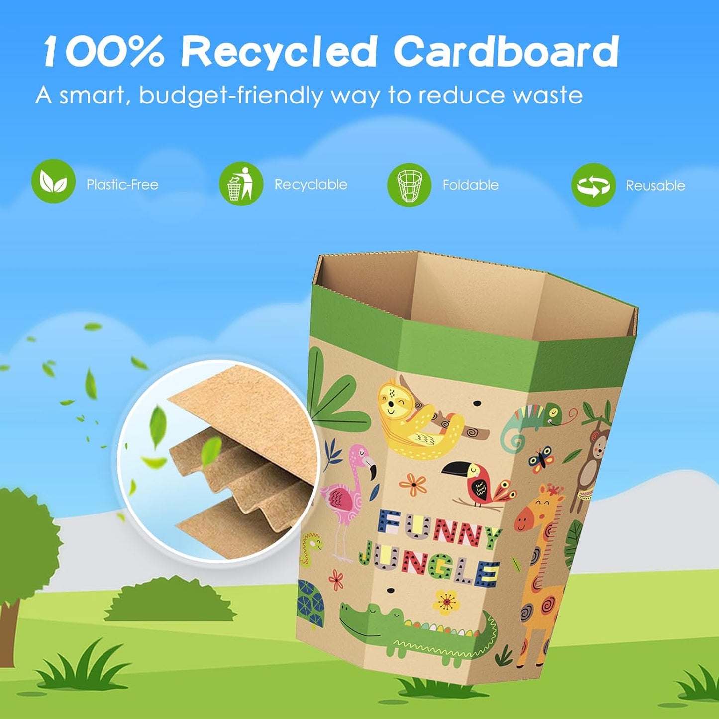 6-Pack Cardboard Trash Can – Foldable, Recyclable, Plastic-Free & Reusable Small Waste Paper Basket for Kids - Garbage Bin Perfect for Bedrooms, Playrooms, Children's Room & Outdoor (1.6 Gallon)