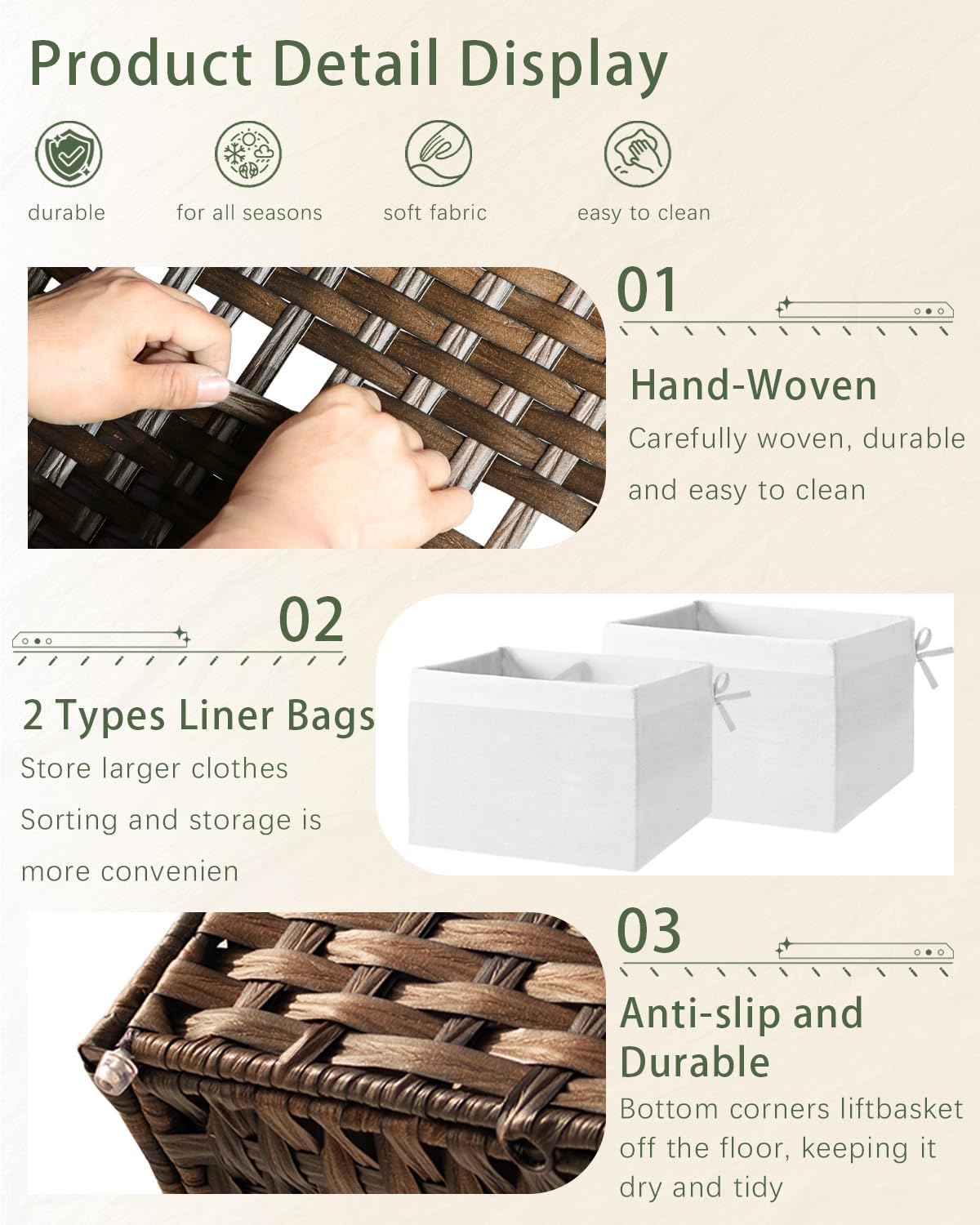 Storage Basket with Lid Rattan Storage Basket with 2 Separate Lid, 27.8 Gallon (105 L) 25.2 * 15.4 * 16.1 Inches Woven Wicker Baskets with 2 Liners and Handles for Bedroom Laundry-Brown